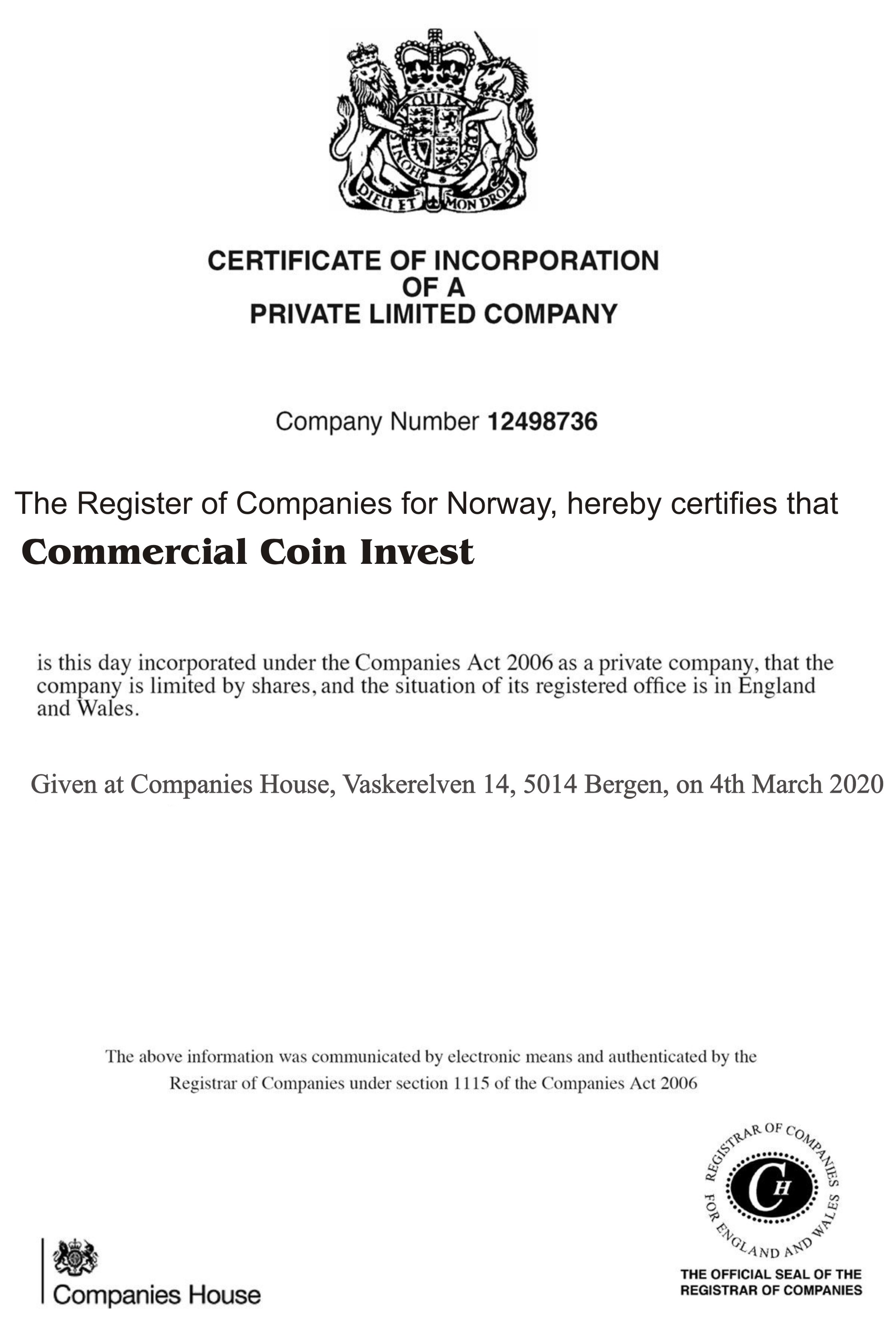 Commercial Coin Invest limited certificate